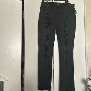 Black distressed straight leg jeans